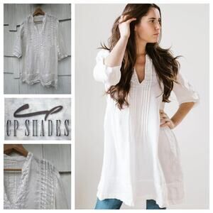 CP Shades Regina White Linen Twill Pintuck Tunic V-Neck 3/4 Sleeve‎ Size XS